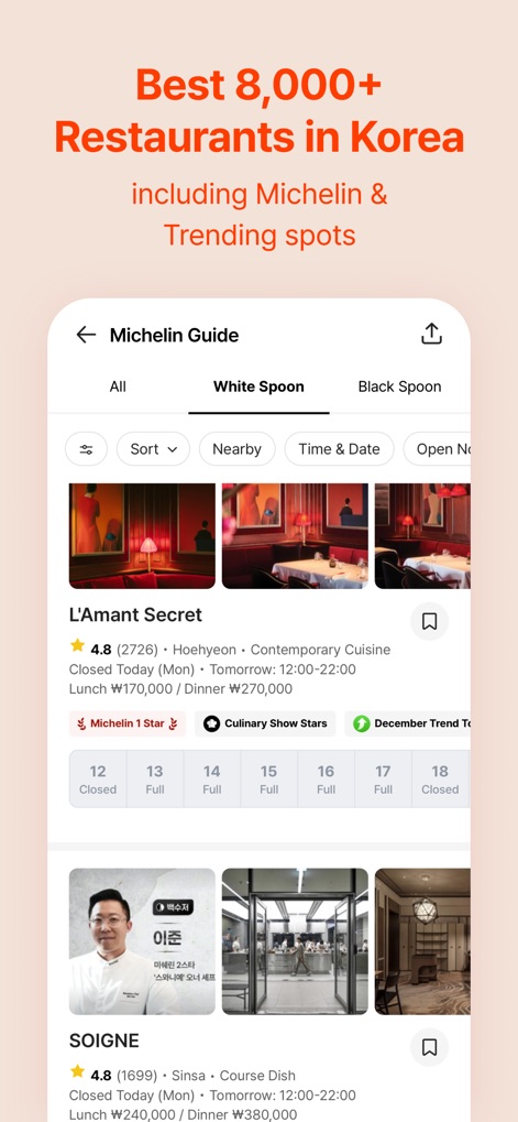 CATCH TABLE: Book Restaurants - Explore a vast selection of over 8,000 restaurants, easily navigating through "Michelin Guide" categories and real-time "availability dates".