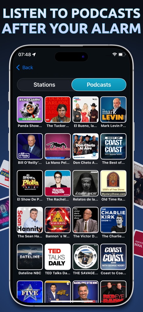 Alarm Clock App: myAlarm Clock - The app offers an extensive library of podcasts with recognizable cover art, easily navigable via dedicated 'Stations' and 'Podcasts' tabs.