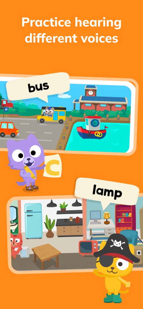 Learn English – Studycat - The app exposes learners to varied accents through engaging scenarios like the animated bus scene and clearly presents new vocabulary within speech bubbles, such as 'bus' and 'lamp'.