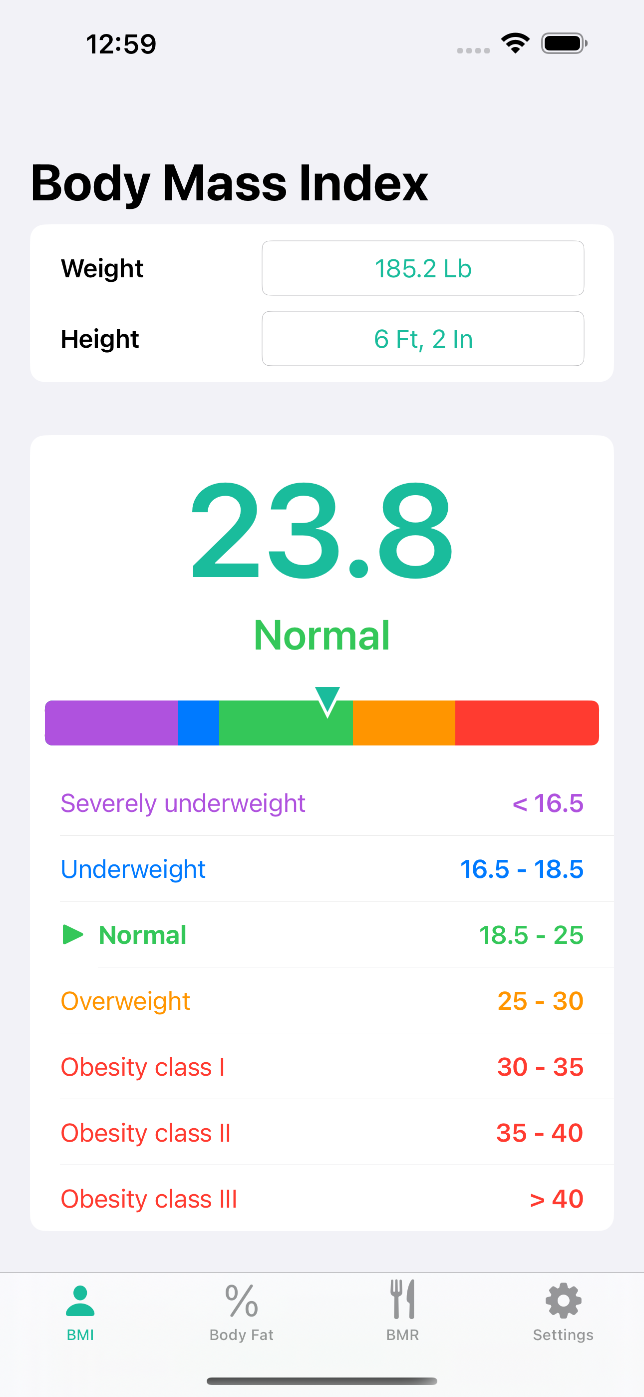 BMI, BMR, Body Fat Calculator