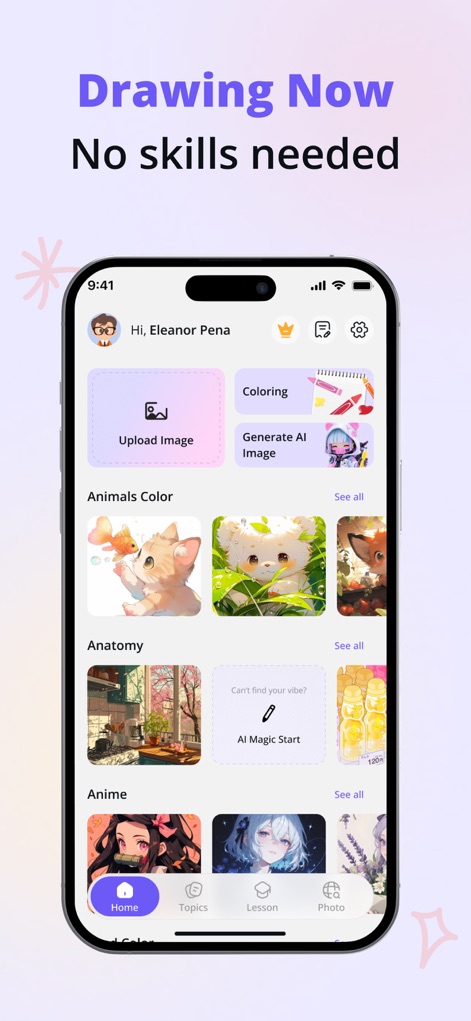 Trace Drawing App - Sketchify - La interfaz de inicio de la aplicación, con el saludo "Hi, Eleanor Pena", ofrece diversas secciones temáticas como "Animals Color" y "Anime", junto con las opciones de "Upload Image" y "Generate AI Image" para fomentar la creatividad sin requerir habilidades previas.