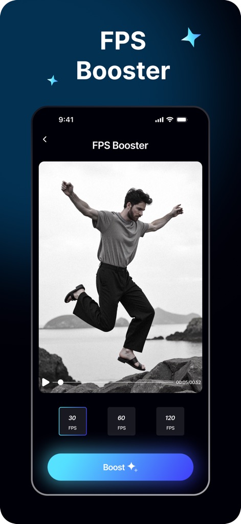 Topz AI: Photo Video Enhancer - A funcionalidade 'FPS Booster' é ilustrada, permitindo aos usuários "aumentar as taxas de quadros" para 120 FPS e experimentar uma "movimentação mais fluida".