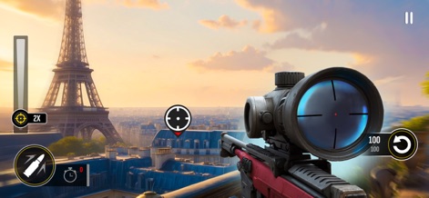 Grand Sniper: 3D Shooting Game - Players can engage targets with a precise sniper scope, set against the iconic silhouette of the Eiffel Tower, showcasing diverse international locations.