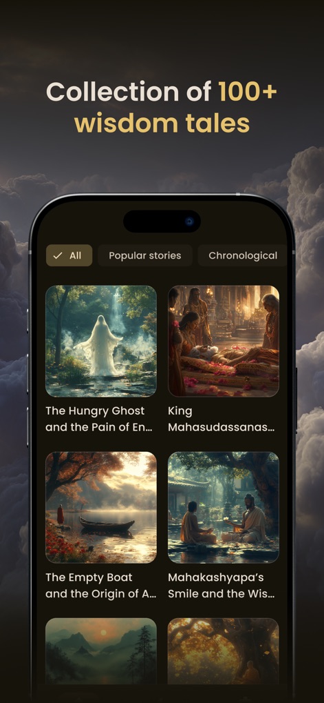Sutara: Buddhist Sleep Stories - Users can explore an extensive collection of 100+ wisdom tales, easily filtered by categories such as 'Popular stories' or 'Chronological' for seamless discovery.