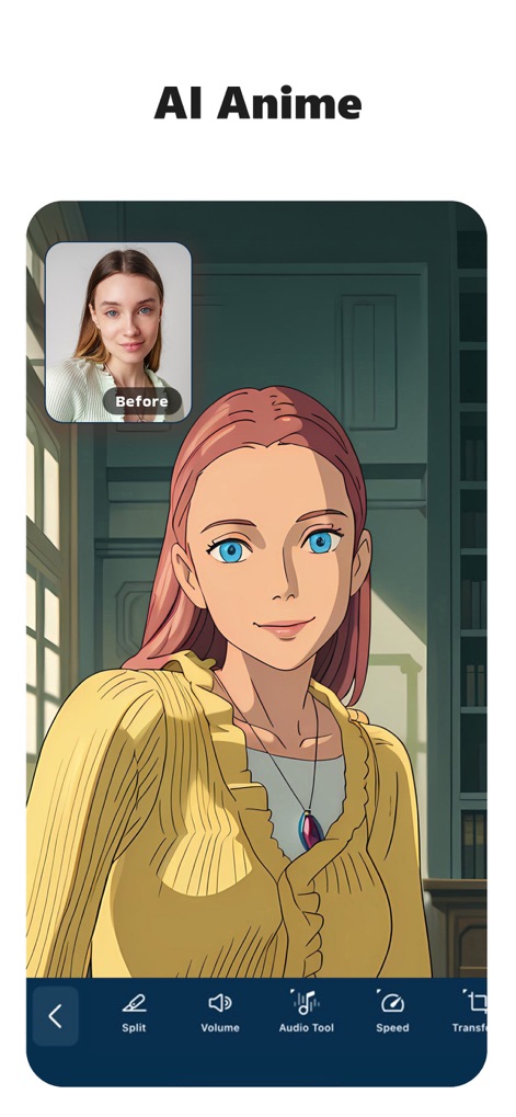 PowerDirector: AI Video Editor - Découvrez la fonction AI Anime Video pour transformer un visage réel en personnage animé et explorez les filtres artistiques, comme 'Vivid Anime'.