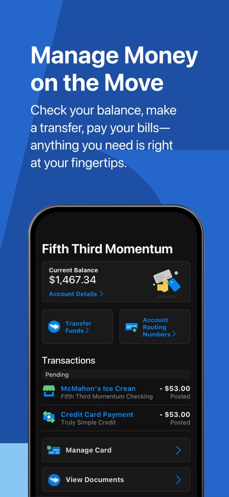 Fifth Third: 53 Mobile Banking - This tool empowers users to view their current balance and access essential functions like Transfer Funds and Account Routing Numbers.