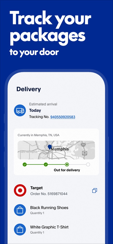 PayPal - Pay, Send, Save - View the integrated package 'Delivery' tracking feature, complete with a map showing real-time status and specific order items like 'Black Running Shoes'.