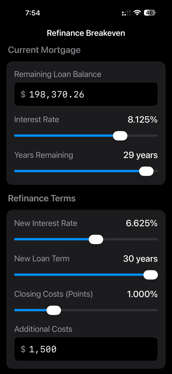 Refinance Breakeven Calculator screenshot 1