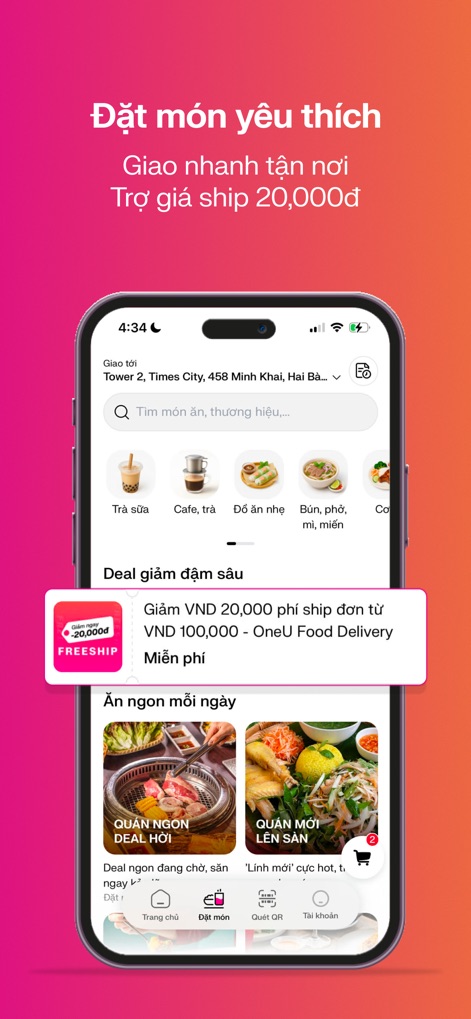 OneU: Tiết kiệm với U-Point - O aplicativo oferece uma interface de pedidos de comida intuitiva, permitindo aos usuários encontrar restaurantes e pratos favoritos, além de exibir promoções de frete grátis para entregas rápidas.
