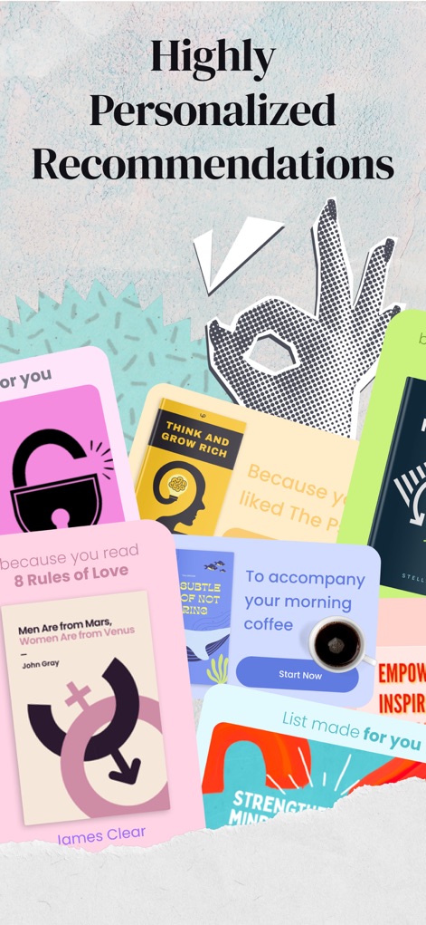 kitUP: Micro Learning Everyday - This tool delivers highly personalized content recommendations, visible through diverse cards suggesting titles based on past interests and specific contextual prompts.