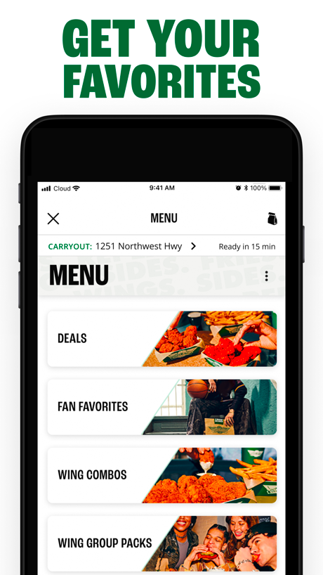 Wingstop App Store screenshot 3, headline “GET YOUR FAVORITES”. A person in the picture.