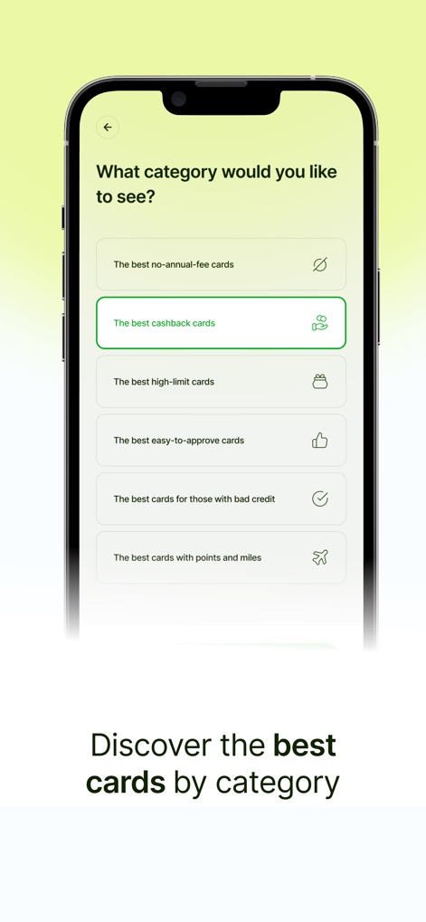 Aprov: Compare Cards - The app provides a structured approach to card discovery, allowing users to browse cards by categories such as 'cashback' and 'no-annual-fee' options.