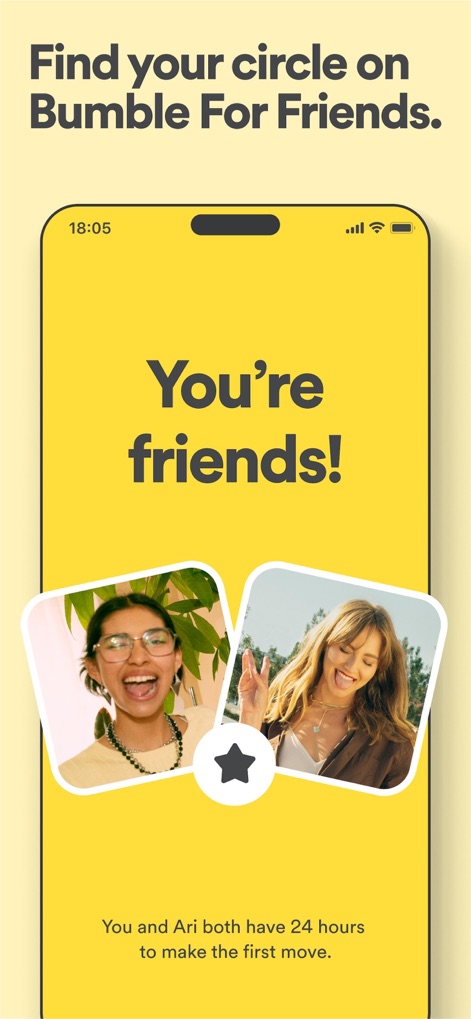 Bumble For Friends: Meet IRL - Esta pantalla de confirmación celebra el emparejamiento exitoso, mostrando las fotos de perfil de dos usuarias y un recordatorio claro de que tienen "24 horas para dar el primer paso".