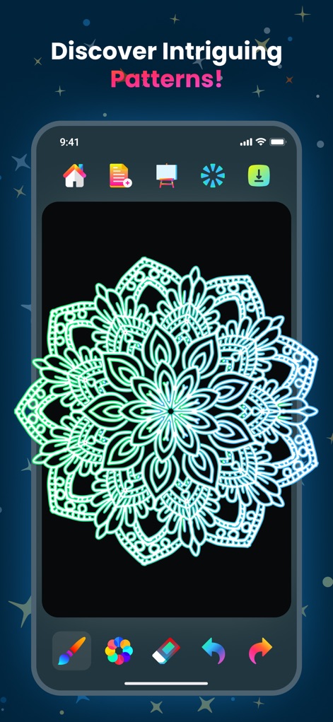 Doodle Magic: Glow Art Drawing - Los usuarios pueden explorar la creación de intrincados diseños, como el detallado mandala resplandeciente, que destacan por su vibrante brillo de neón verde.