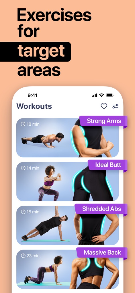 Home Workout Planner, Tracker - Los usuarios pueden focalizar su entrenamiento en áreas específicas, con secciones visualmente marcadas para "Strong Arms" y "Ideal Butt", facilitando el esculpido corporal.