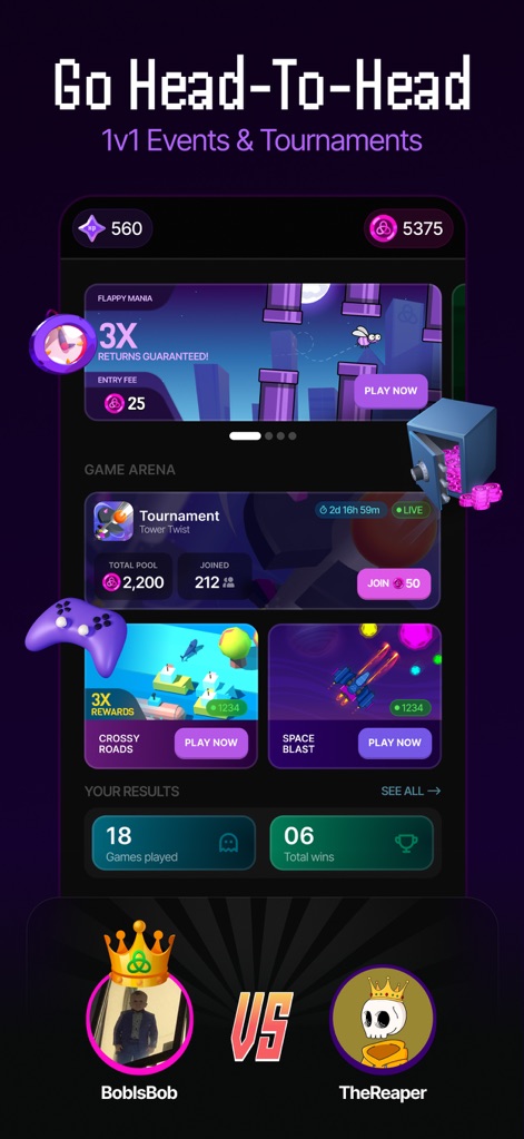 Plutus: Create, Play, Win - A seção "Game Arena" exibe detalhes de torneios com "Total Pool" e participantes, culminando em confrontos diretos, como visto na tela de "BobisBob vs TheReaper".