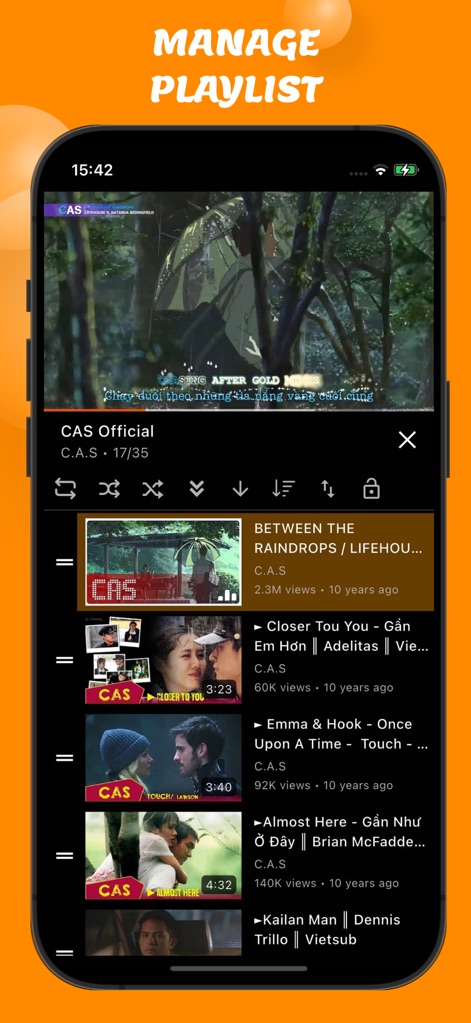 OneTube: Music & Video Player - Users can efficiently manage their viewing queue, with the current video displayed prominently and the ability to reorder upcoming selections in the playlist.