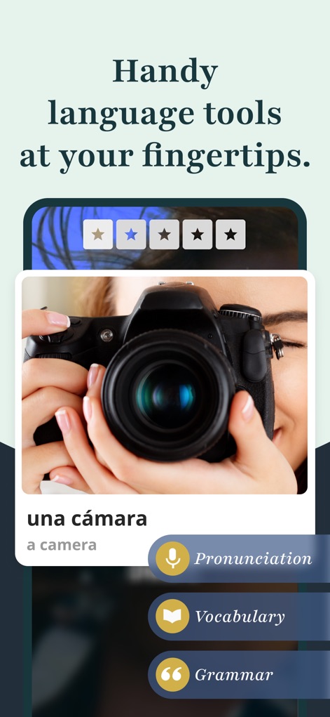 Rosetta Stone: Learn Languages - Os usuários podem acessar "ferramentas de idioma úteis" diretamente na interface, com opções claras para "Pronúncia" e "Vocabulário" e "Gramática" acessíveis com um toque.
