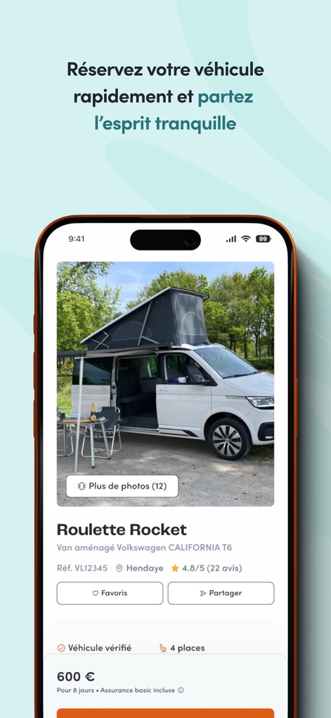 Wikicampers - 魅力的な車両写真と評価、そして保険を含む料金情報が明示されており、ユーザーは安心して予約プロセスを進めることができます。