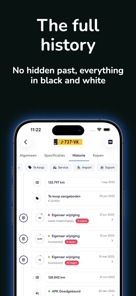 Qenteken - Kenteken Check - Users can delve into a vehicle's comprehensive past, viewing chronological ownership changes and detailed APK inspection records.