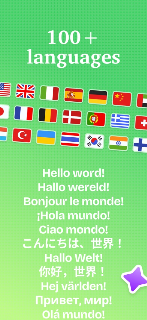 Kiwi AI - Notetaker - Die App bietet Unterstützung für über "100+ Sprachen", was durch die illustrative Darstellung einer Vielzahl von Länderflaggen hervorgehoben wird.