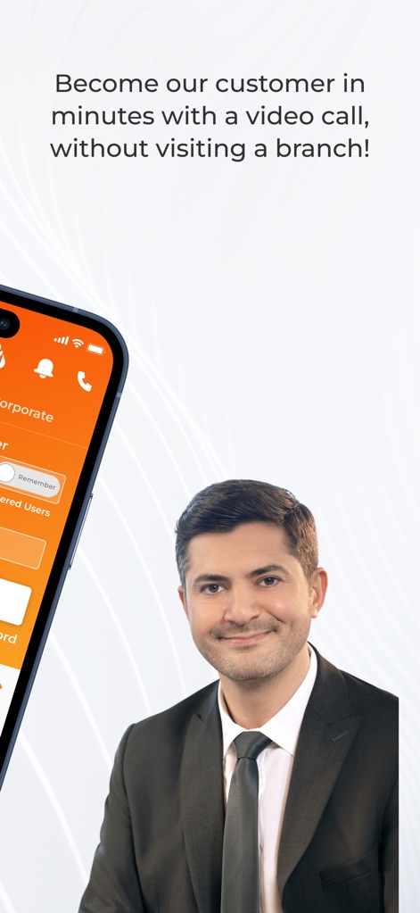 Albaraka Mobil - 이 앱은 사용자가 지점 방문 없이 영상 통화로 몇 분 만에 계좌를 개설할 수 있는 기능을 강조합니다. '기업' 로그인 화면과 함께 비대면 서비스의 편의성을 나타내는 친근한 인물의 모습이 보입니다.