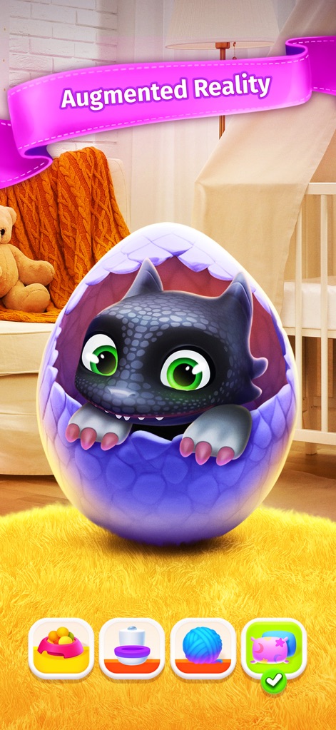 My Dragon - Virtual Pet Game - See how My Dragon - Virtual Pet Game introduces players to their new companion with a charming hatching animation and highlights its Augmented Reality feature for immersive play.