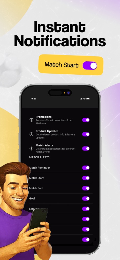 180Score: Soccer Predictions - Die App bietet sofortige Benachrichtigungen mit individuellen Einstellungen, um über verschiedene Match-Ereignisse wie Tore oder Anpfiff auf dem Laufenden zu bleiben.