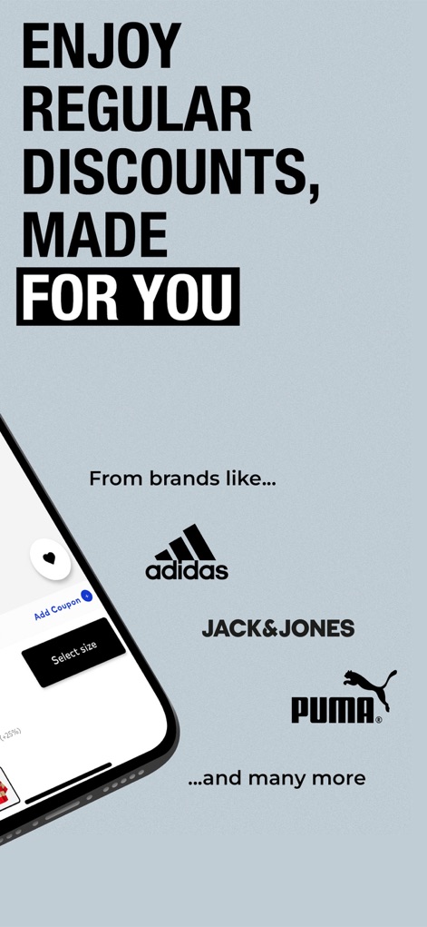 ABOUT YOU Online Fashion Shop - Die App präsentiert eine Auswahl namhafter Marken wie Adidas und Puma und ermöglicht es Nutzern, Coupons anzuwenden oder Größen direkt auszuwählen.