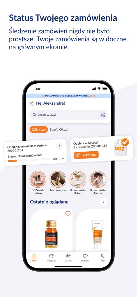 DOZ.pl - The app provides transparent order tracking, allowing users to view their current order status and estimated delivery details directly on the main screen.