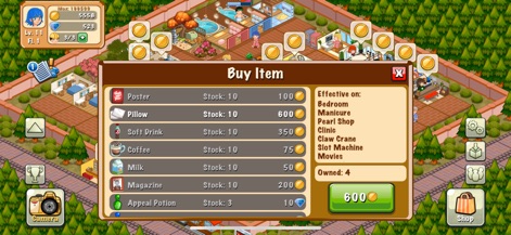 Hotel Story: Resort Simulation - Access the comprehensive "Buy Item" interface, detailing various consumables like "Poster" and "Appeal Potion", complete with their prices and specific effects on different hotel amenities.