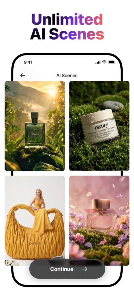 AI Product Video & Ad - Pixury - The app offers 'Unlimited AI Scenes' to place products into, illustrating the diverse, AI-generated environmental scenes and seamless product integration into various settings.