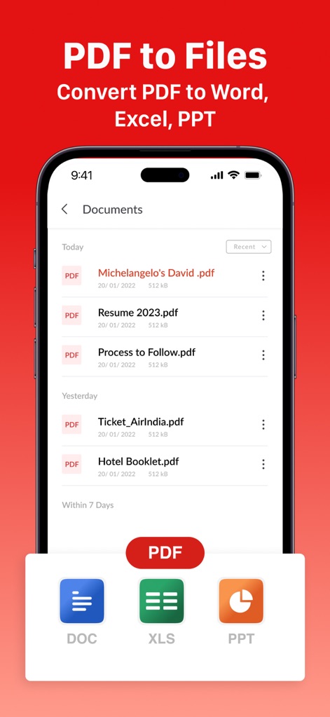 PDF Editor: Read, Scan & Sign - Users can easily manage and export their documents, as seen with the display of recent files like "Michelangelo's David .pdf" and the convenient options to convert selected PDFs to "DOC" or "XLS" formats.