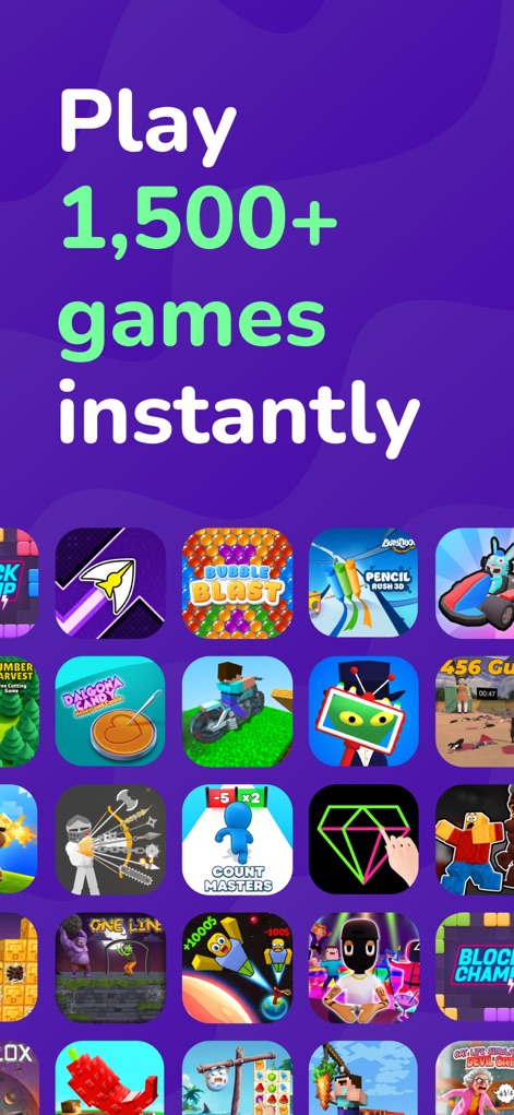 CrazyGames: Play 1500+ Games - L'app offre l'accesso istantaneo a oltre 1.500 giochi, come evidenziato dalla griglia di icone vivaci e dalla chiara call-to-action 'Play 1,500+ games instantly'.