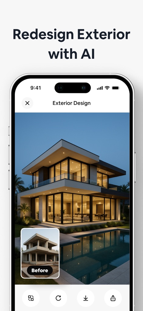 AI Home Decor-Interior Design - Discover how AI Home Decor redefines home exteriors, showcasing a sleek 'After' facade with new architectural details derived from a 'Before' image.
