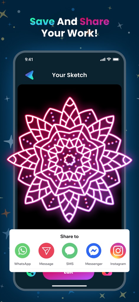 Doodle Magic: Glow Art Drawing - Una vez finalizadas, las obras maestras pueden ser fácilmente compartidas, mostrando una obra de arte brillante y las claras opciones de compartir en redes sociales.