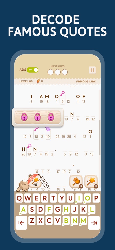 Cryptogram: Number & Word Game - 이 화면은 사용자가 유명한 명언의 암호를 해독하는 과정을 보여주며, 퍼즐 해결을 돕는 다양한 힌트 옵션이 제공됩니다. 잠금 아이콘으로 표시된 힌트와 도구 아이콘이 시각적으로 명확하게 드러납니다.