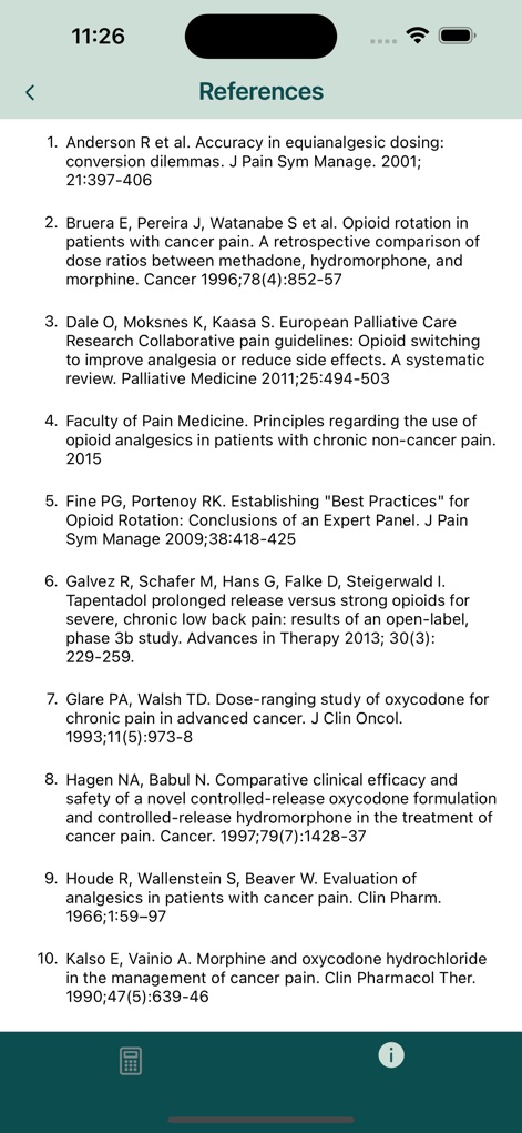 Opioid Calculator - Esta seção apresenta uma lista de "References" científicas que fundamentam as recomendações e cálculos do aplicativo, com títulos de estudos como "Accuracy in equianalgesic dosing:" e autores como "Anderson R et al.".