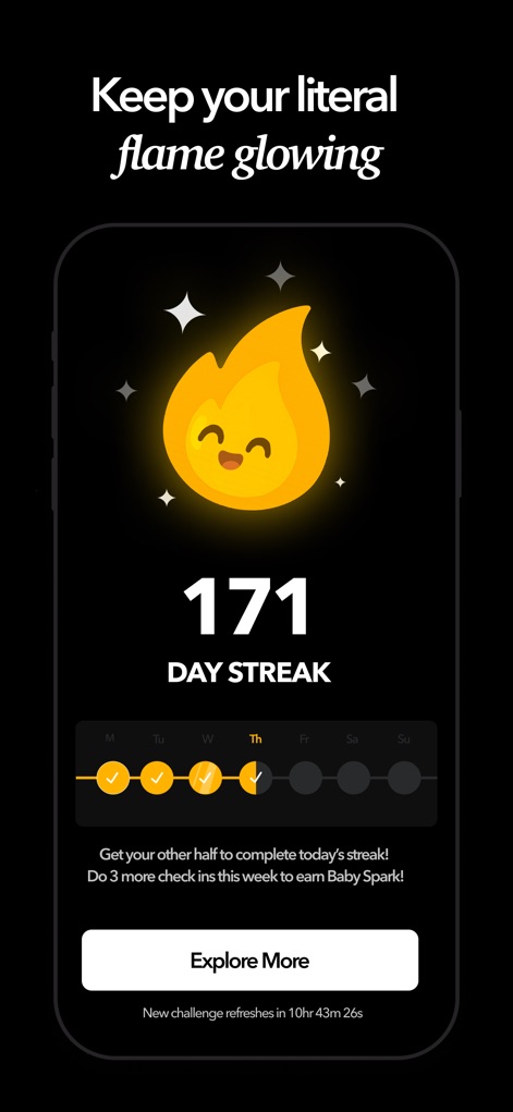 Candle: Couples & Relationship - Observe how the app encourages consistent interaction with a prominent 'day streak' tracker, complete with a celebratory 'glowing flame' animation.