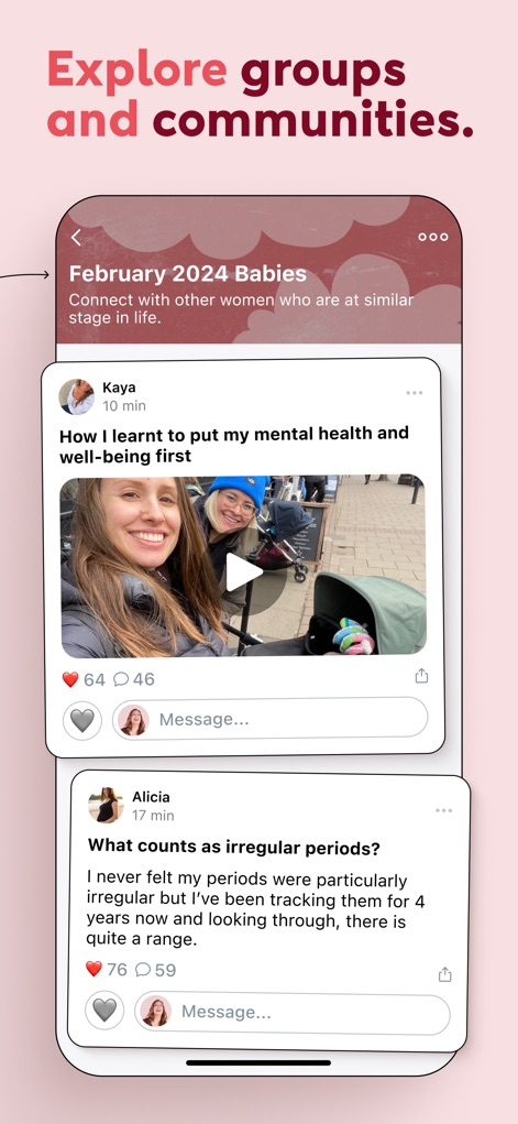 Peanut: Find Mom Friends - ユーザーは、この画面で「Kaya」による動画投稿と、「Alicia」によるテキスト投稿のように、グループ内のメンバーが共有する様々なコンテンツを閲覧し、活発な情報交換に参加できます。
