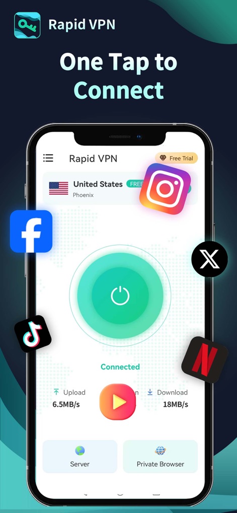 Rapid VPN - Safe & Fast Proxy - This tool showcases its ease of use with a large, central one-tap connection button, surrounded by familiar social media app icons, hinting at seamless access.