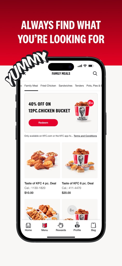KFC US - Ordering App - The app organizes menu items by categories like Family Meals and prominently features exclusive discounts, such as '40% OFF ON 12PC. CHICKEN BUCKET', making discovery easy.