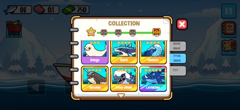 Catch and Feed - Explore the comprehensive fish collection interface, where users can track rare species like the mythical Leviathan and switch between various fishing locations such as Frost Island.