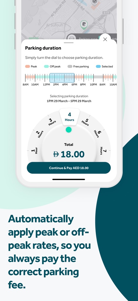 Parkin - Esta imagen muestra el selector de duración de estacionamiento tipo dial y una visualización de las tarifas en horas pico y valle. Se puede ver el costo total de AED 18.00 y un botón para continuar y pagar.