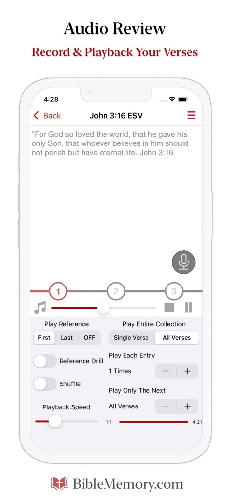 The Bible Memory App - Nutzer können die Audio-Wiederholungsfunktion mit ihren individuellen Aufnahmen nutzen, wobei die Aufnahme- und Wiedergabesteuerungen sowie detaillierte Wiedergabeeinstellungen wie "Single Verse" für eine flexible Lernerfahrung zur Verfügung stehen.