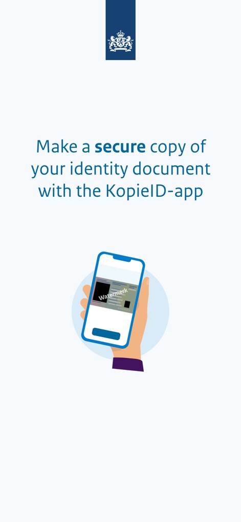 KopieID - This initial screen highlights the app's primary function of generating secure document copies, featuring an illustrative phone showing a watermarked identity document.