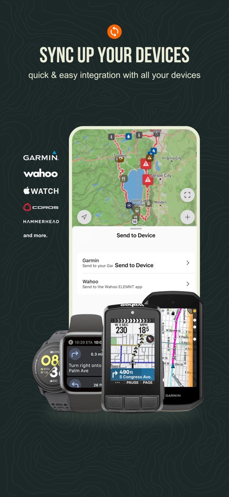 Ride with GPS: Bike Navigation - L'application assure une intégration transparente avec des appareils tiers comme Garmin et Wahoo, offrant une interface dédiée pour envoyer les itinéraires directement.