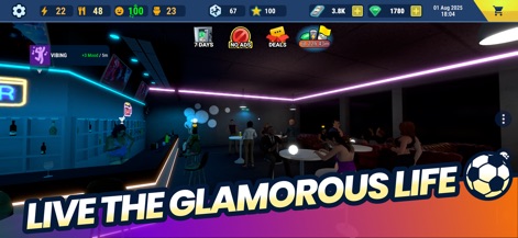 Soccer Life Simulator - Immerse yourself in the player's social life, depicted by the vibrant bar environment complete with neon lighting and various characters socializing.