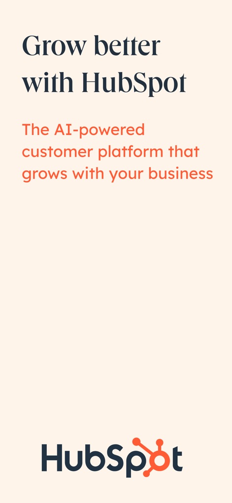HubSpot - La aplicación presenta su propuesta de valor desde el inicio, destacando su capacidad de crecimiento con la empresa y su naturaleza de plataforma de cliente impulsada por IA.