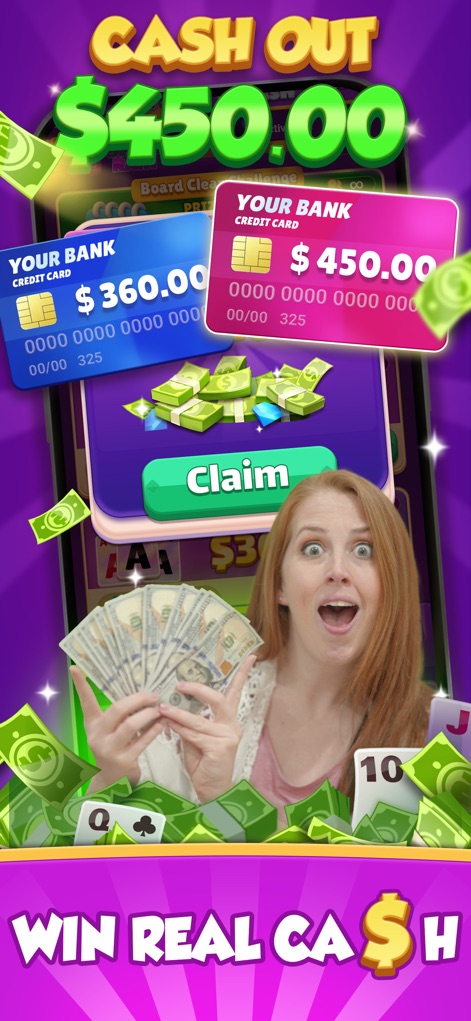 Solitaire Thrill: Win Cash - La aplicación destaca cómo los usuarios pueden retirar sus ganancias, mostrando una mujer sosteniendo billetes de dólar y la interfaz de cobro con una cantidad de "$450.00" lista para ser reclamada.